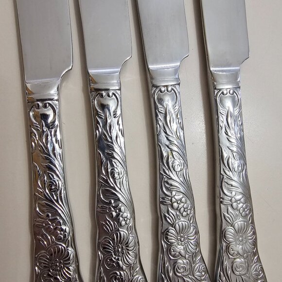 Reed Barton Flora Dinner Knives 10" set/4 stainless embossed flowers chintz - Picture 4 of 6